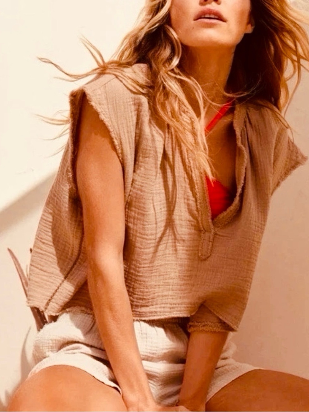 Aerie Pool to Party Sz L Gauzy Raw Hem Honey Tan V-neck Cropped Beachy Top